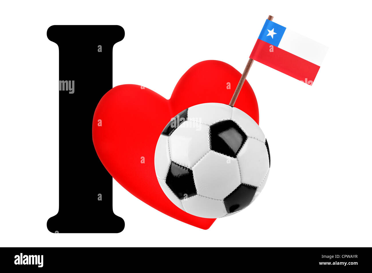 Small flag on a red heart and the word I to express love for the national flag of Chile Stock Photo