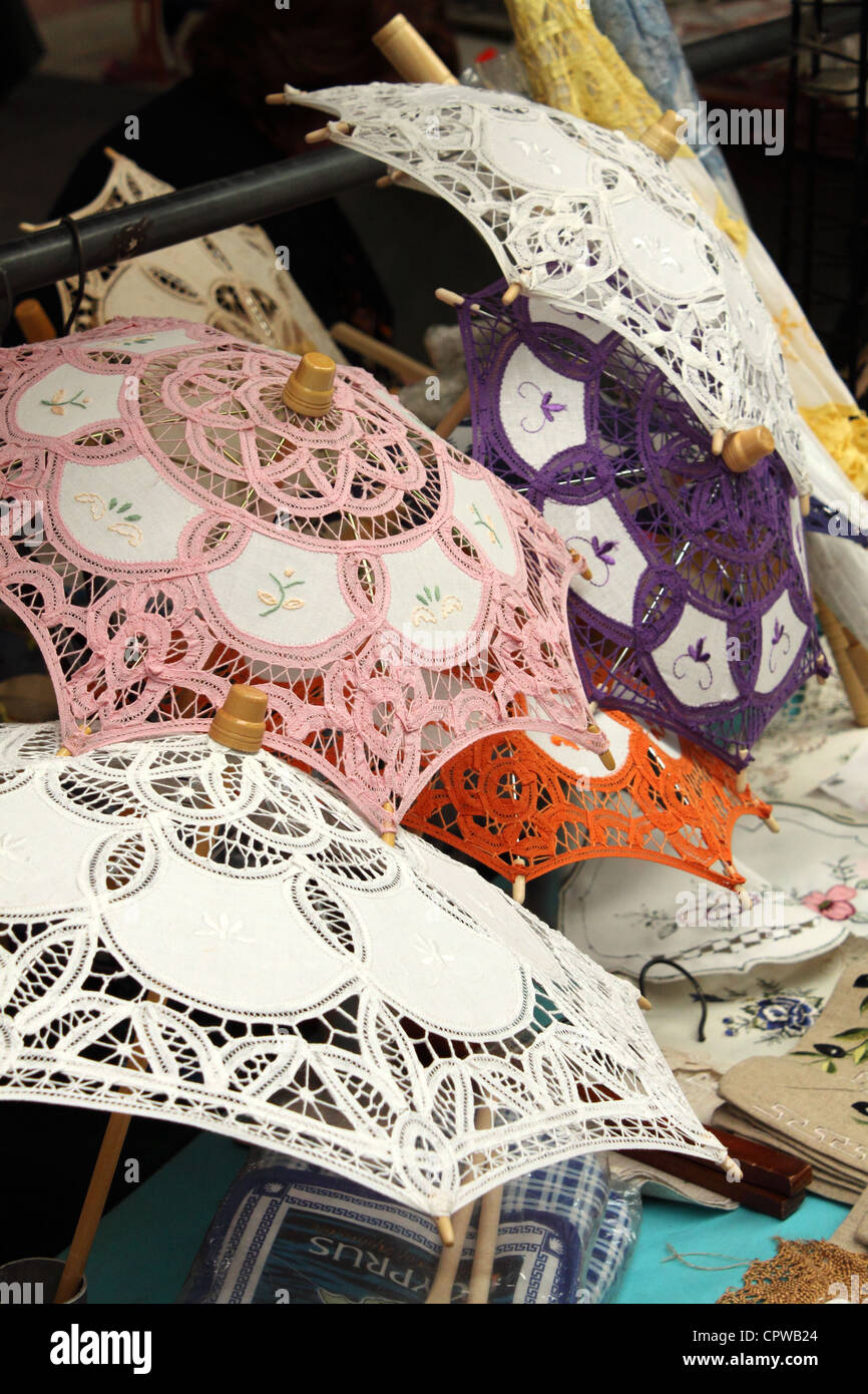 Lace parasols for sale in the municipal market , Paphos, Cyprus Stock Photo