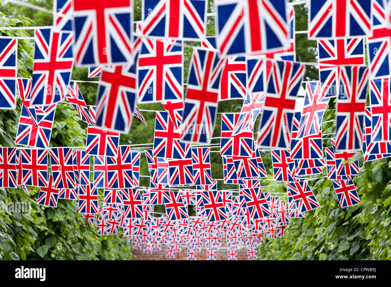 Union Jack Bunting in country garden, England, UK Stock Photo Alamy
