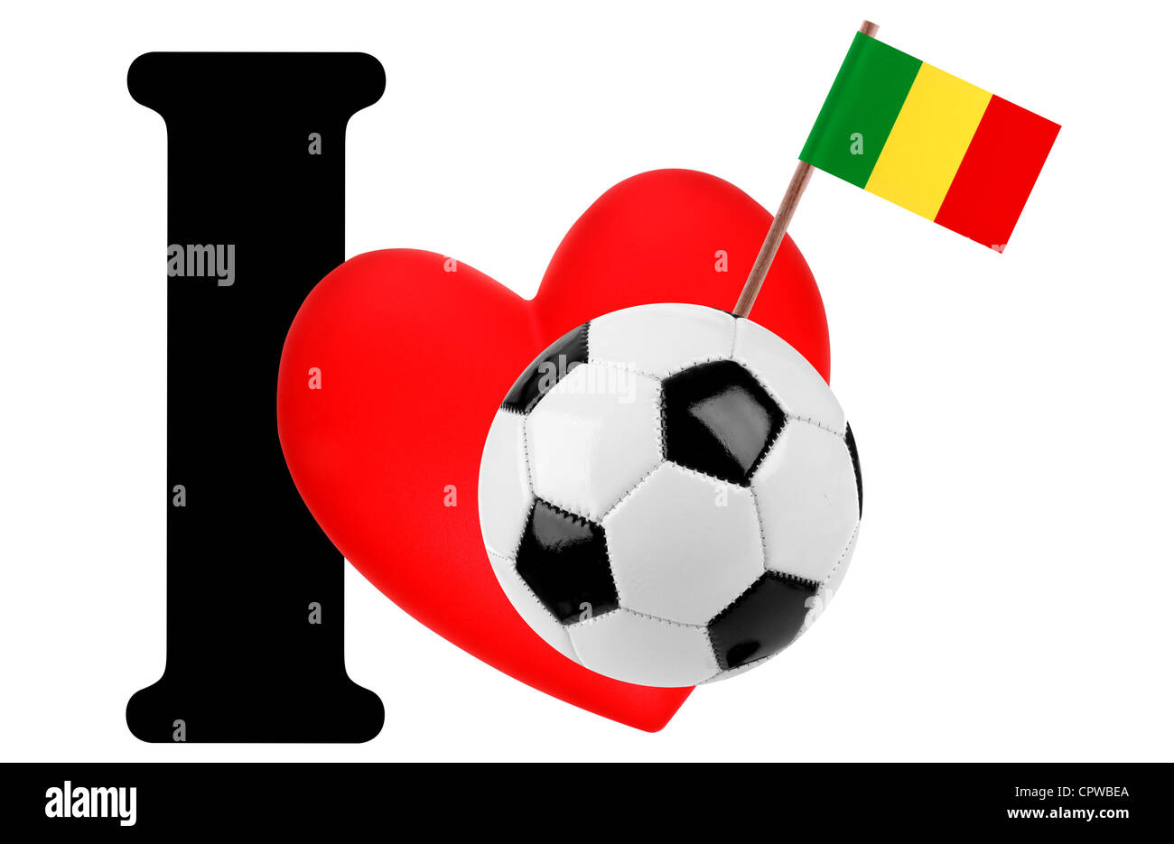 Small flag on a red heart and the word I to express love for the national flag of Mali Stock Photo
