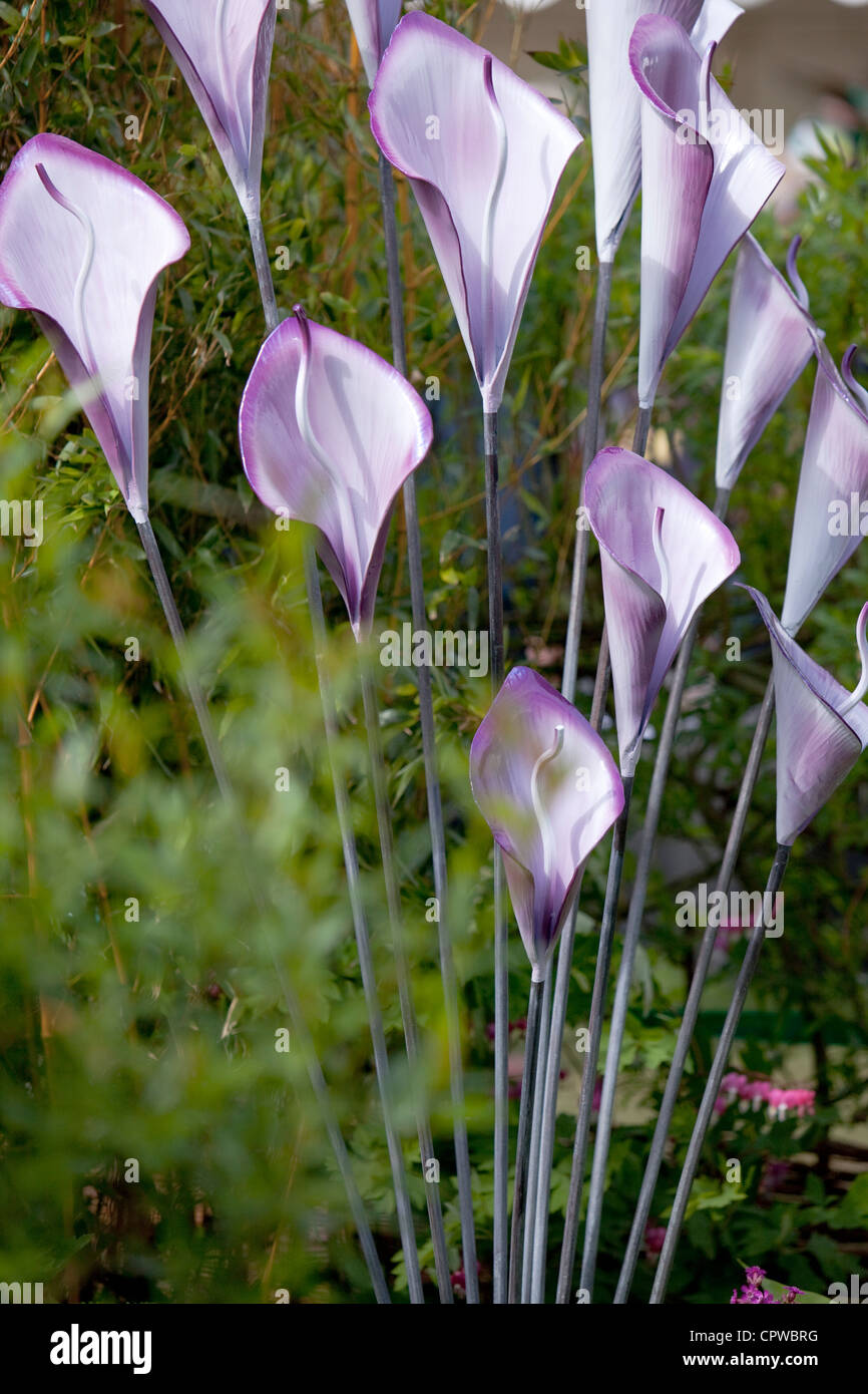 Garden Sculpture in the shape of Arum lilies, England, UK Stock Photo