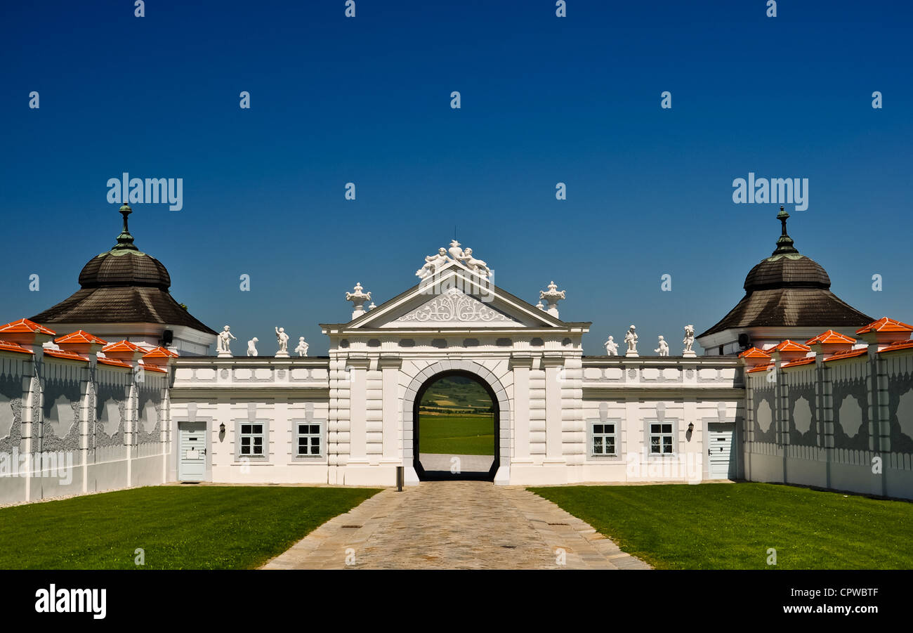 panoramic view out of a white baroque gate Stock Photo