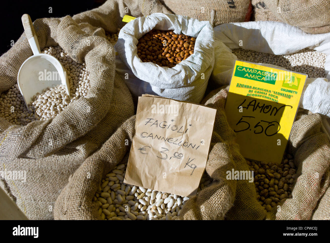 Beans and pulses Lamon, fagioli cannelloni beans, borlotti beans and chick peas on sale in food market in Pienza, Tuscany, Italy Stock Photo
