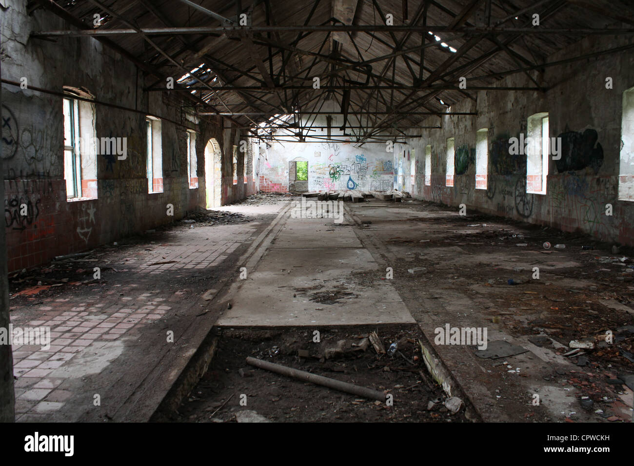 demolished factory interior warehouse Stock Photo