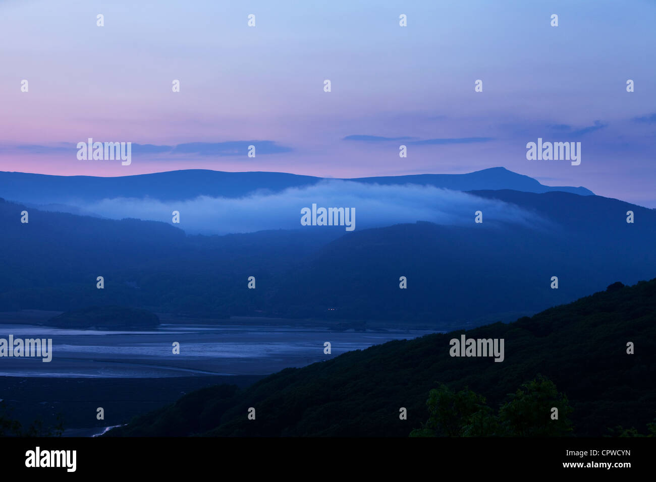 Misty morning over the  Mawddach Estuary, Snowdonia National Park, North Wales UK Stock Photo