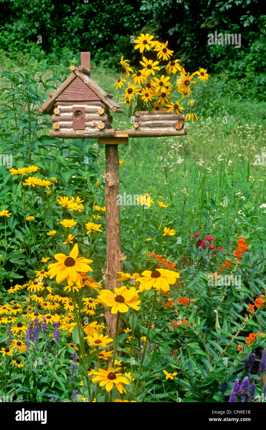 Unique Log Cabin Bird House Front View With Planter Made Of