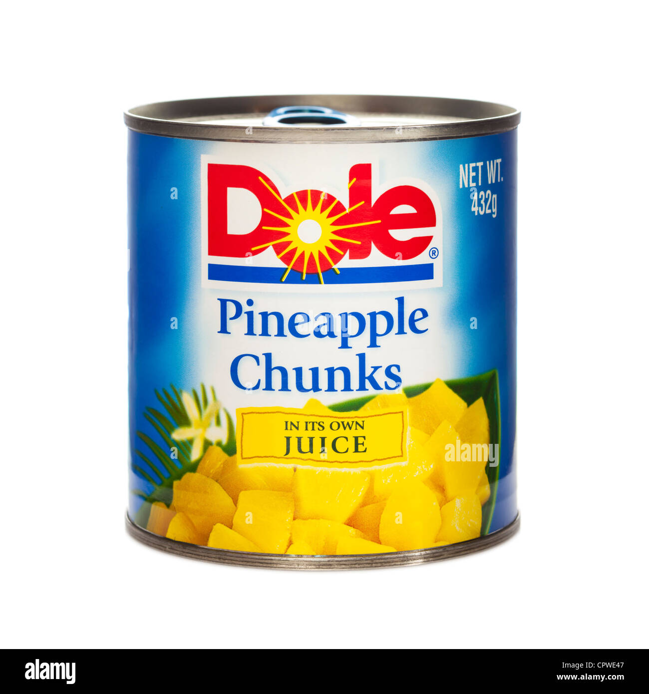 Can of easy open Dole Pineapple Chunks In Its Own Juice, isolated on white. Stock Photo