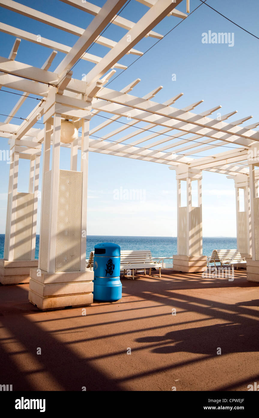 gazebo shade structure benches seafront Promenade de Anglais Nice France Cote d'Azur French Riviera Europe Stock Photo