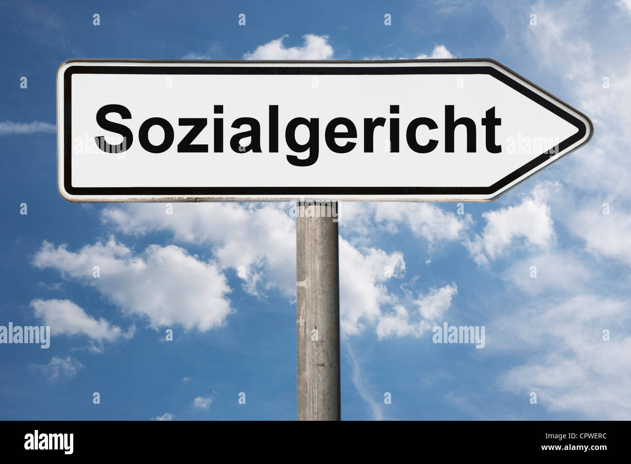 Detail photo of a signpost with the German inscription Social Court. Stock Photo