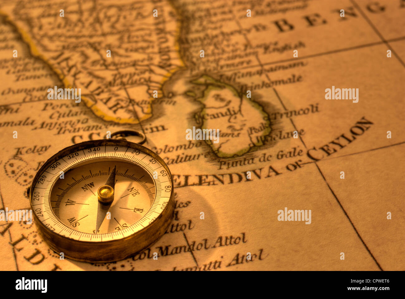 Ancient compass and map of Southern India and Sri Lanka. Map is from 1799 and is out of copyright. Stock Photo