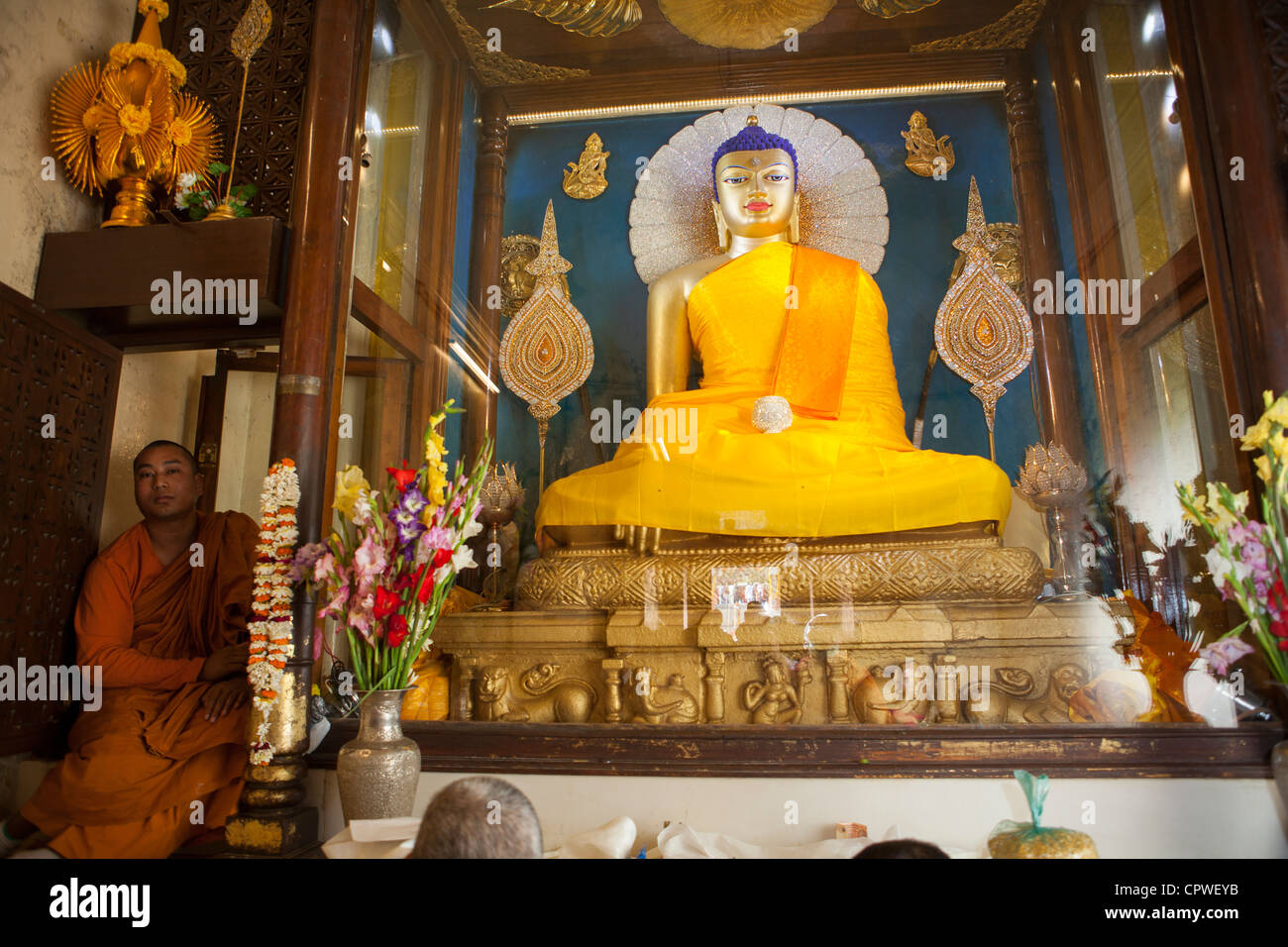 Buddha statue inside of Mahabodhi Temple Bodh Gaya Bihar India Stock