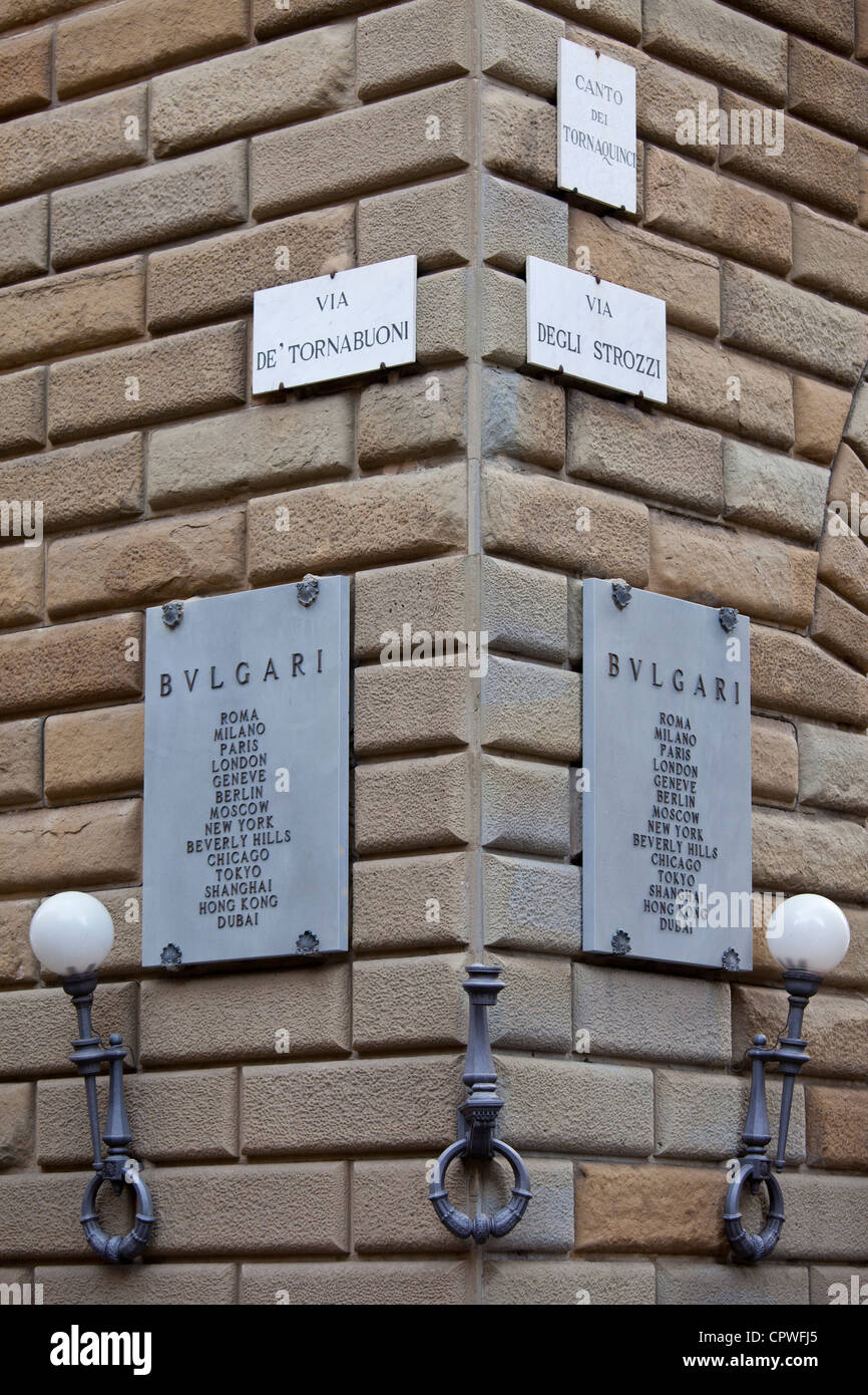 Bulgari jewellers sign on corner of Via de Tornabuoni and Via Degli Strozzi in Florence,Tuscany, Italy Stock Photo