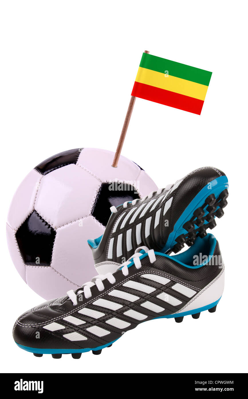 Pair of cleats or football boots with a small flag of Ethiopia Stock
