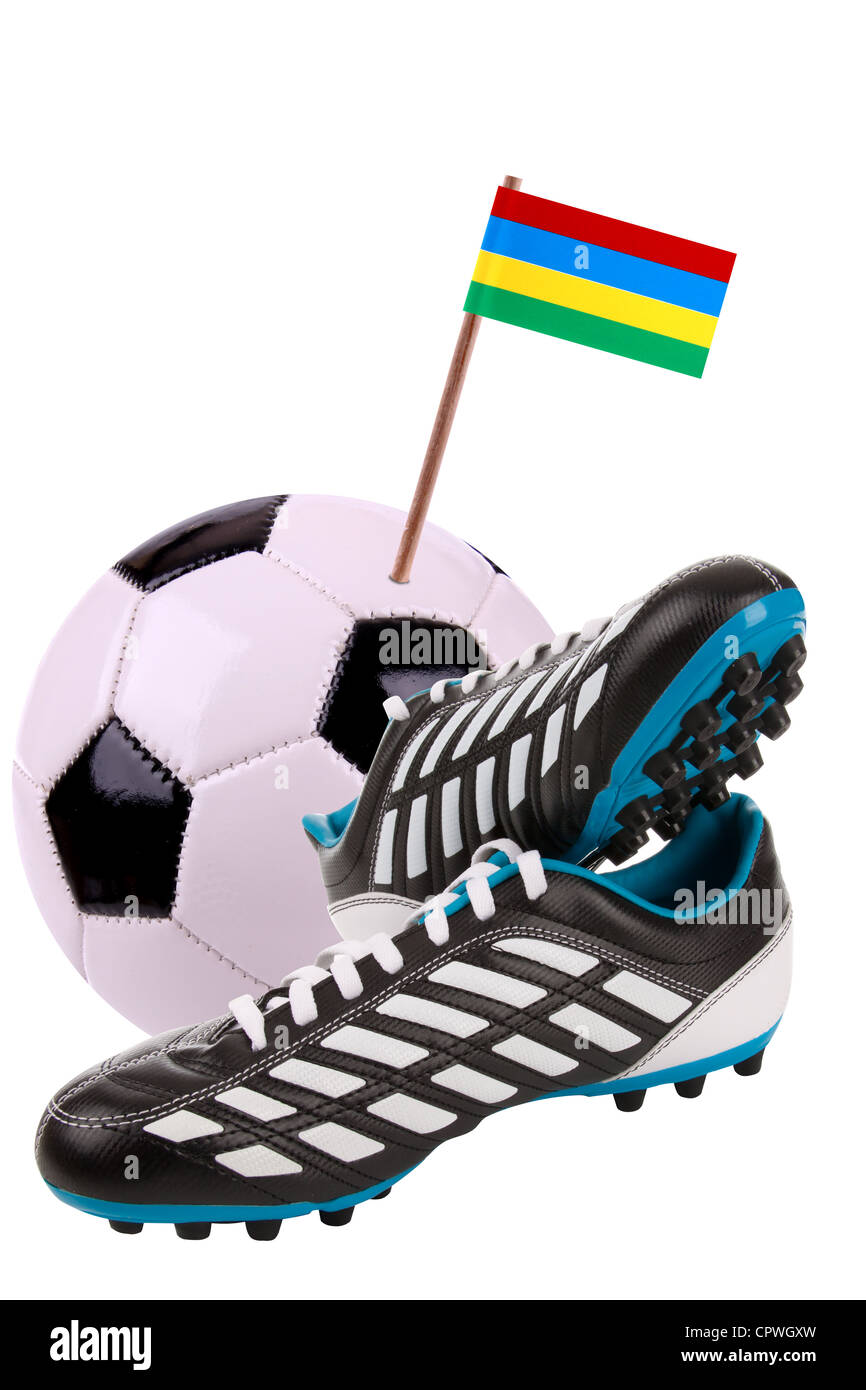 Pair of cleats or football boots with a small flag of Mauritius Stock