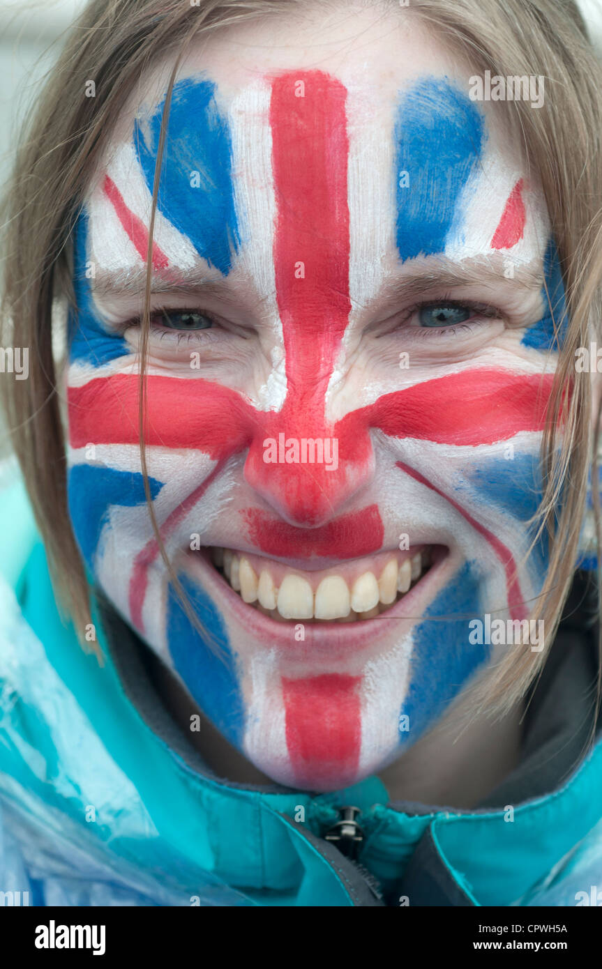 Queen Elizabeth Diamond Jubilee celebrations.A young girl with her face painted in the union jack colors of red, white and blue Stock Photo