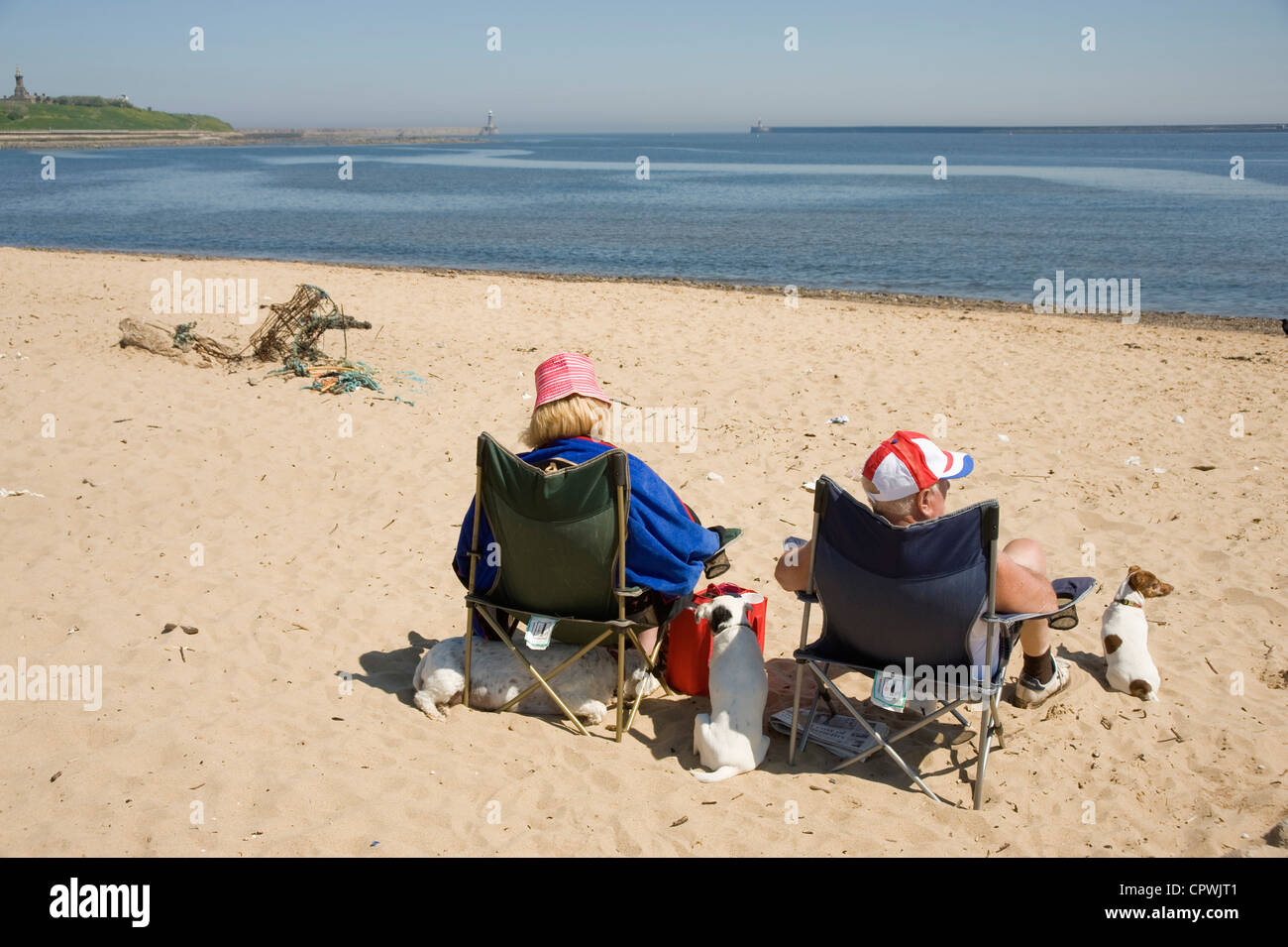 Elderly couple sunbathing at Tynemouth with their three dogs Stock ...