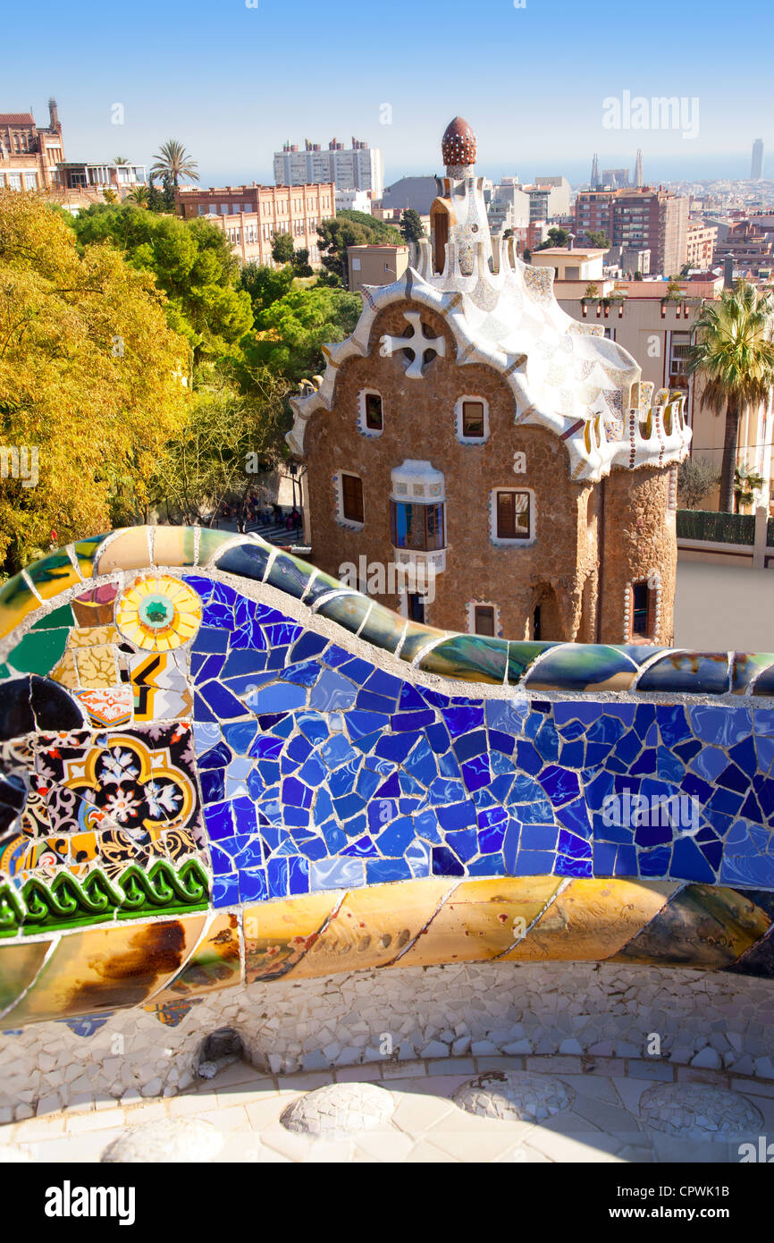 Barcelona Park Guell of Gaudi tiles mosaic serpentine bench modernism