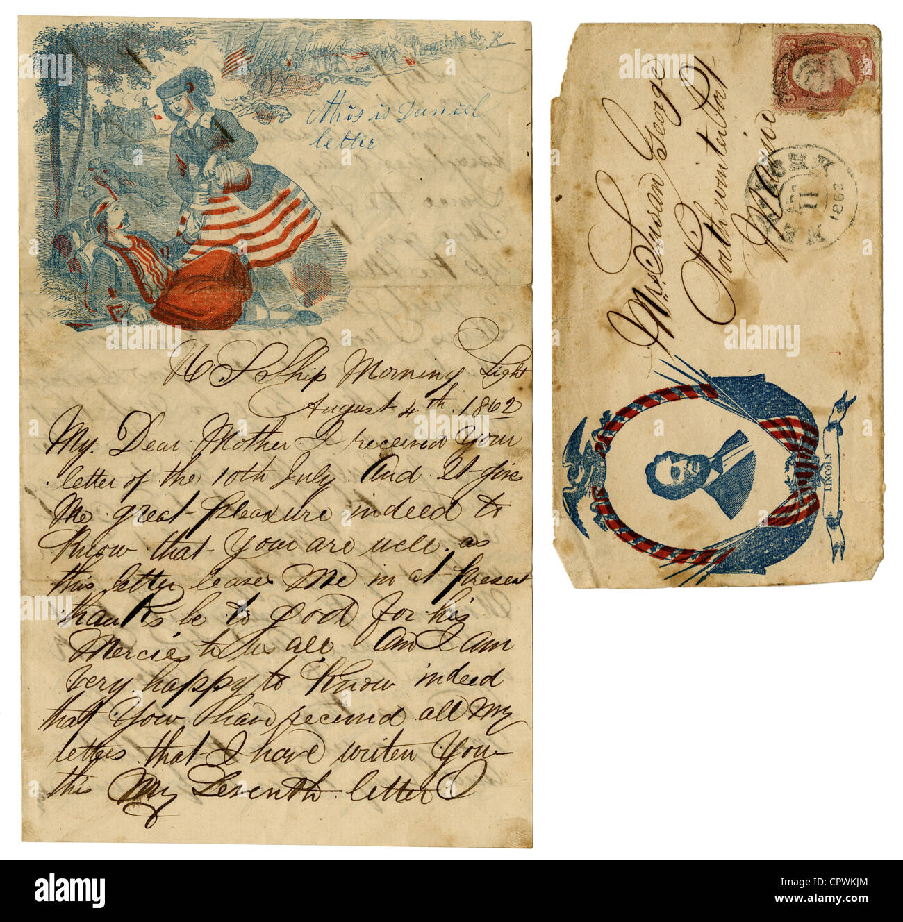 August 4, 1862 Civil War letter, from Daniel George, Captain of the Foretop, aboard the USS Morning Light. Stock Photo
