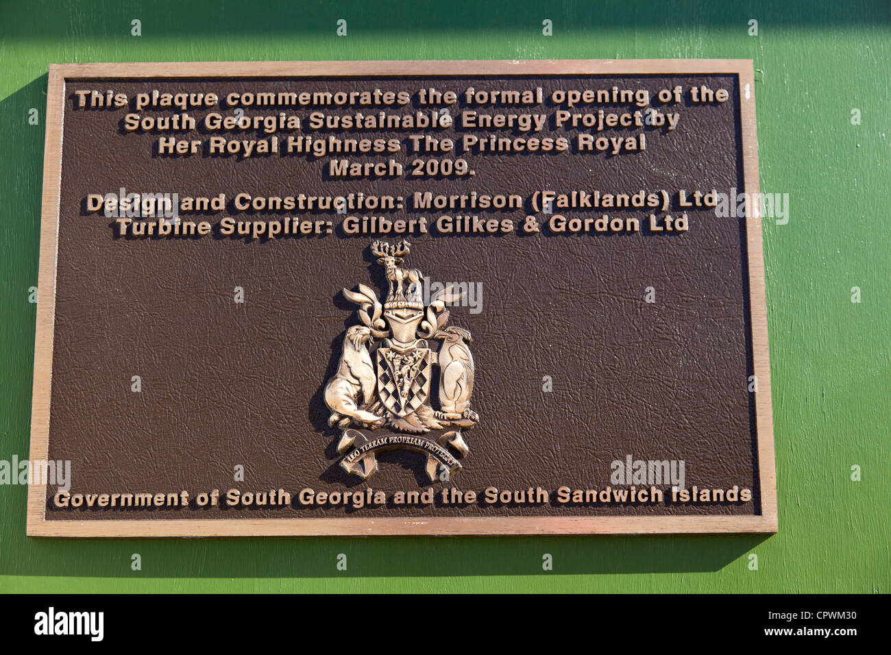 Plaque commemorating the visit of Princess Anne to GRytviken in March 2009 to open the sustainable energy project, South Georgia Stock Photo
