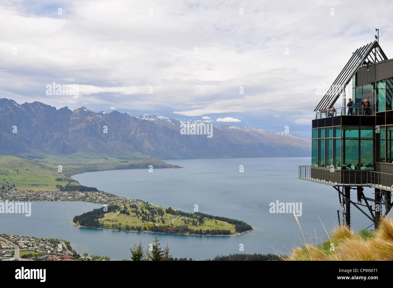 View across Queenstown, Lake Wakatipu and The Remarkables from the Skyline tourist complex New Zealand Stock Photo