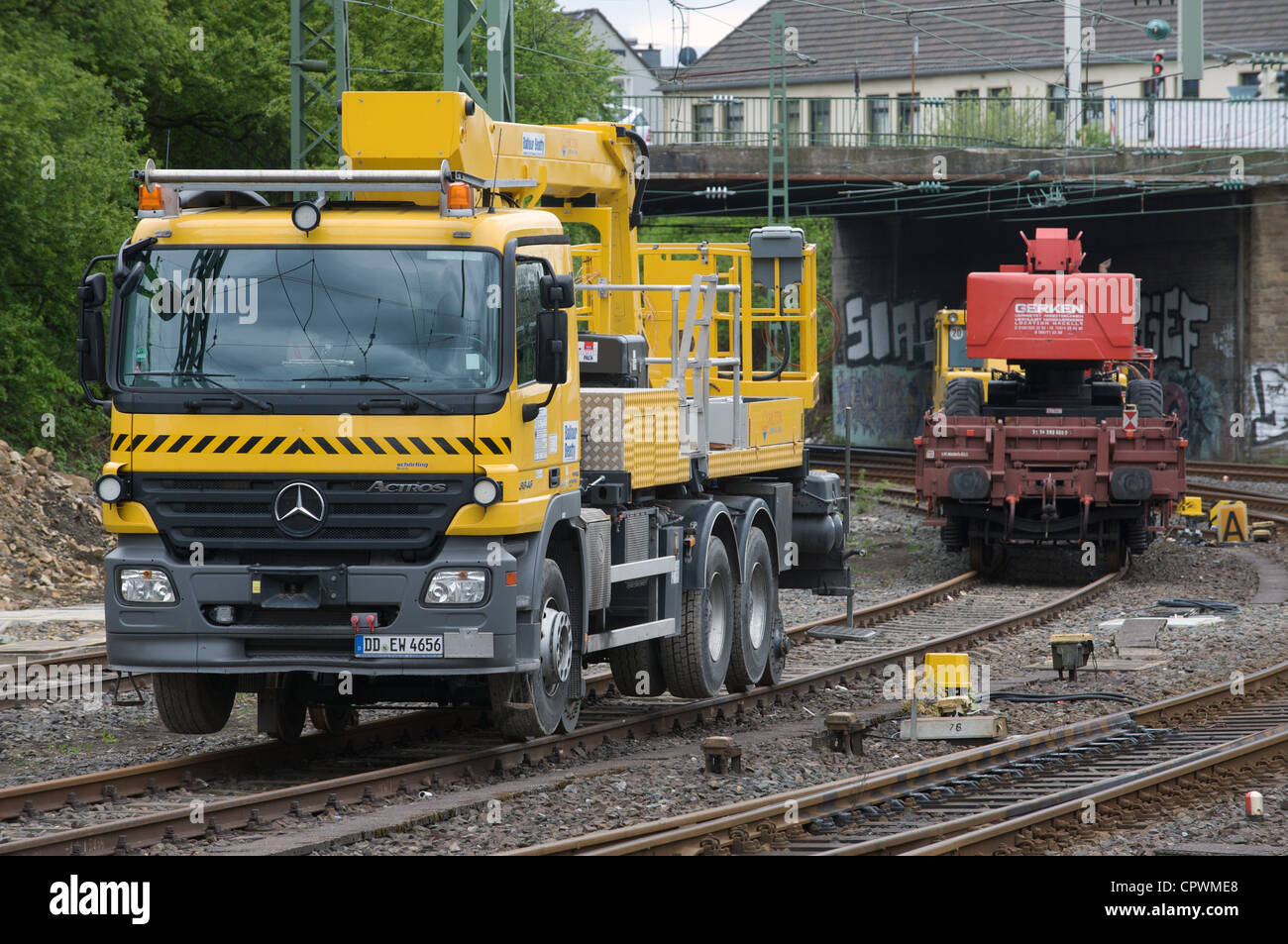 Mercedes-Benz Actros 3346 railer (road-Rail) vehicle which is used for railway maintenance, Solingen, Germany. Stock Photo