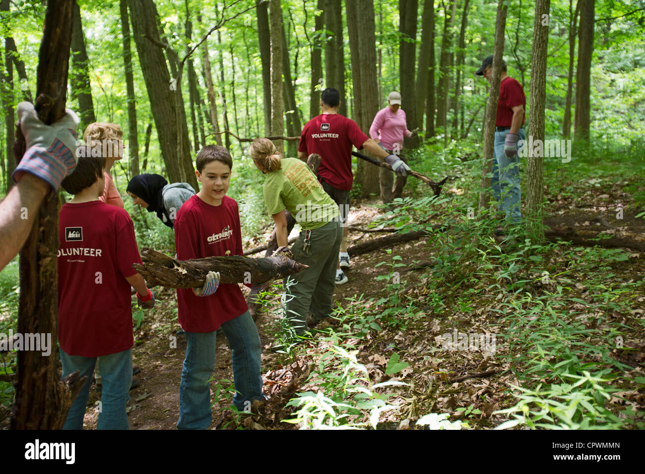 Volunteers Rebuild Hiking Trail in Nature Preserve Stock Photo