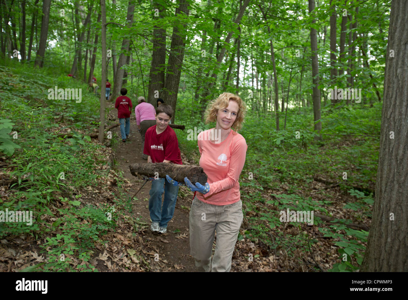 Volunteers Rebuild Hiking Trail in Nature Preserve Stock Photo