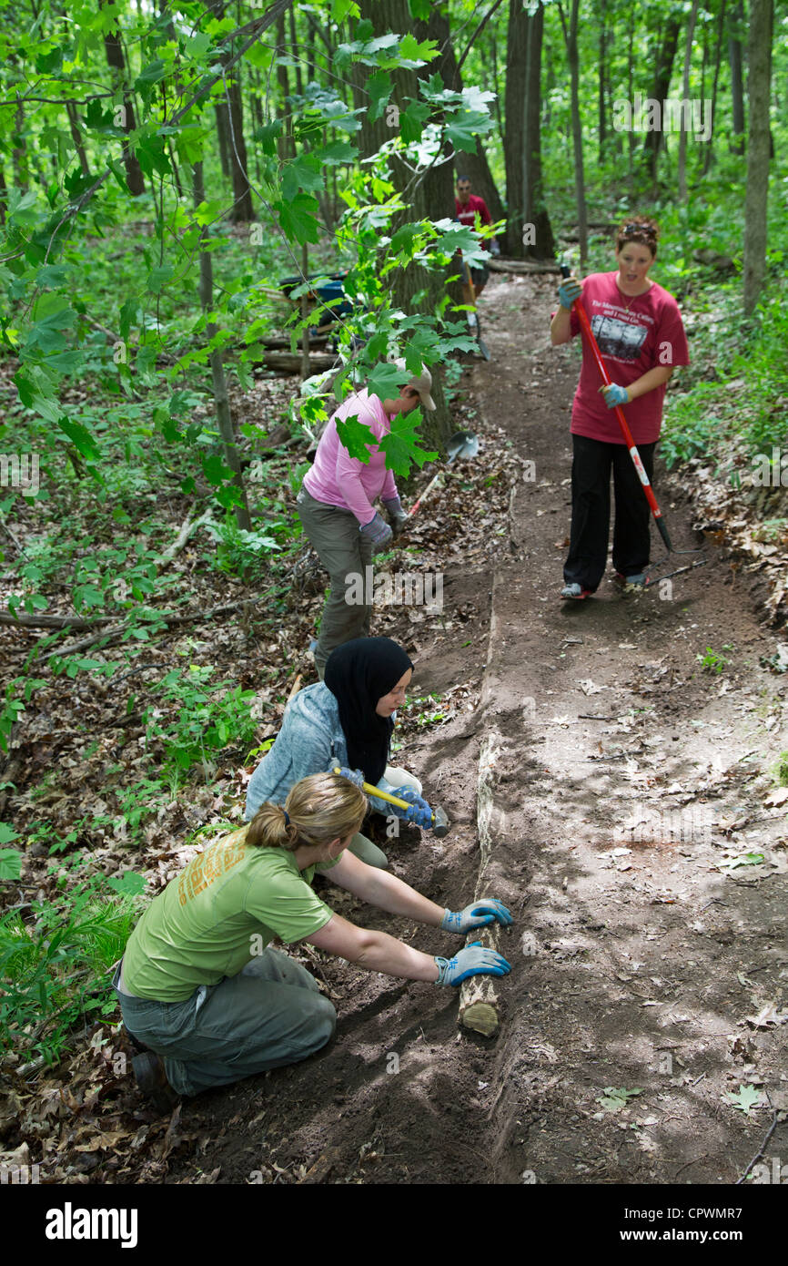 Volunteers Rebuild Hiking Trail in Nature Preserve Stock Photo