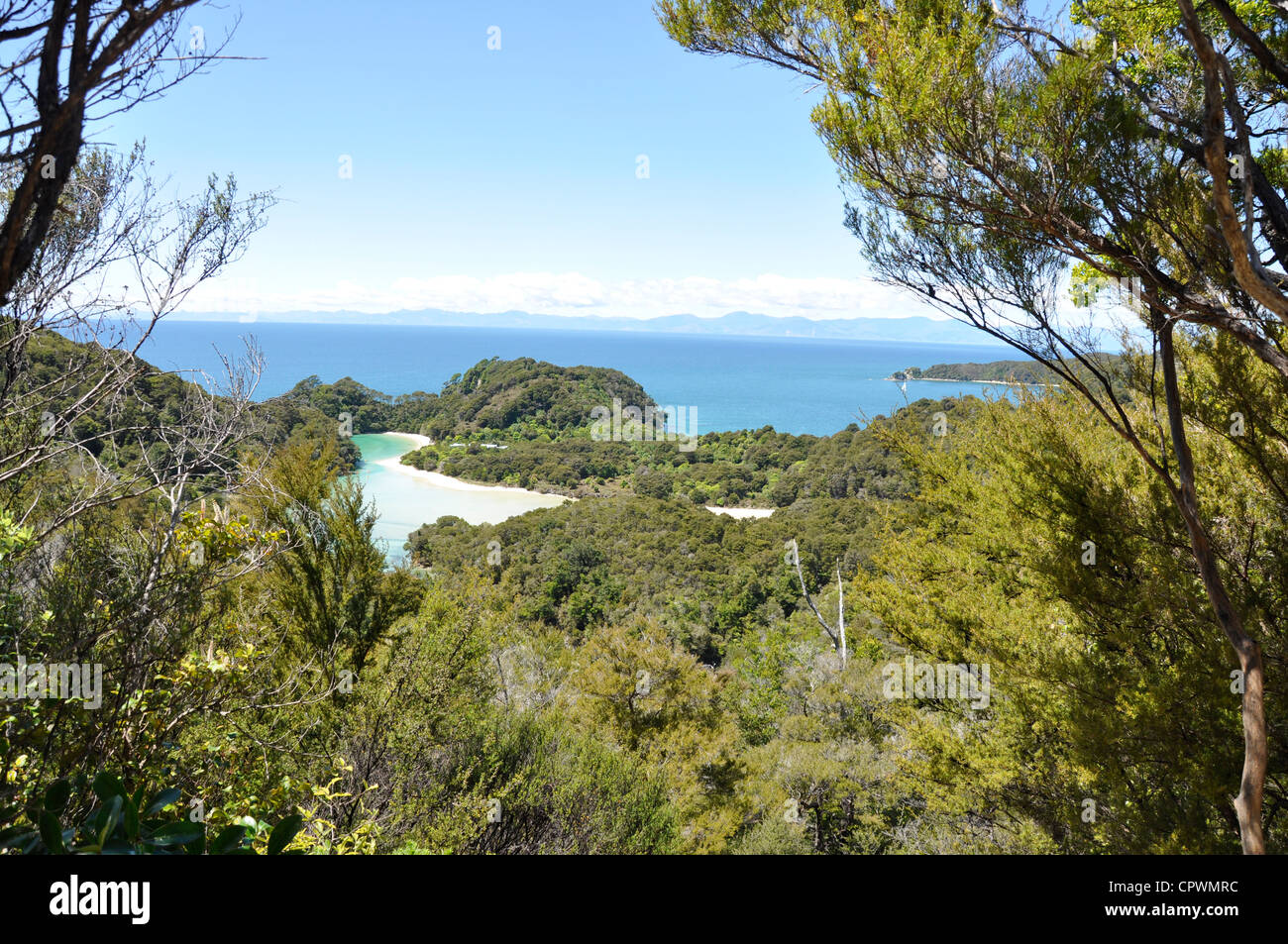 New Zealand  Abel Tasman National Park Frenchmans Bay cove a tidal lagoon viewed from above on a viewpoint along Coast Stock Photo