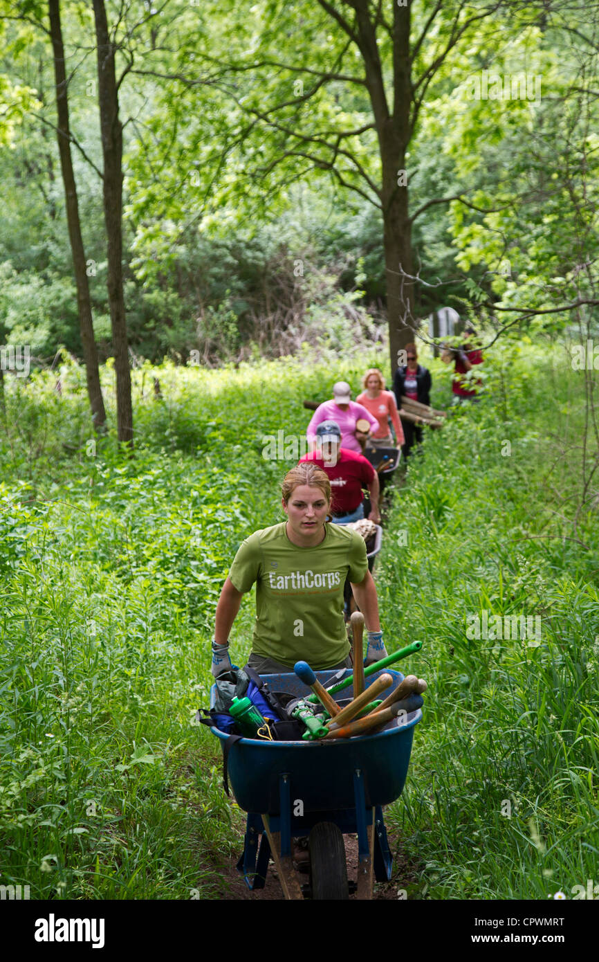 Volunteers Rebuild Hiking Trail in Nature Preserve Stock Photo