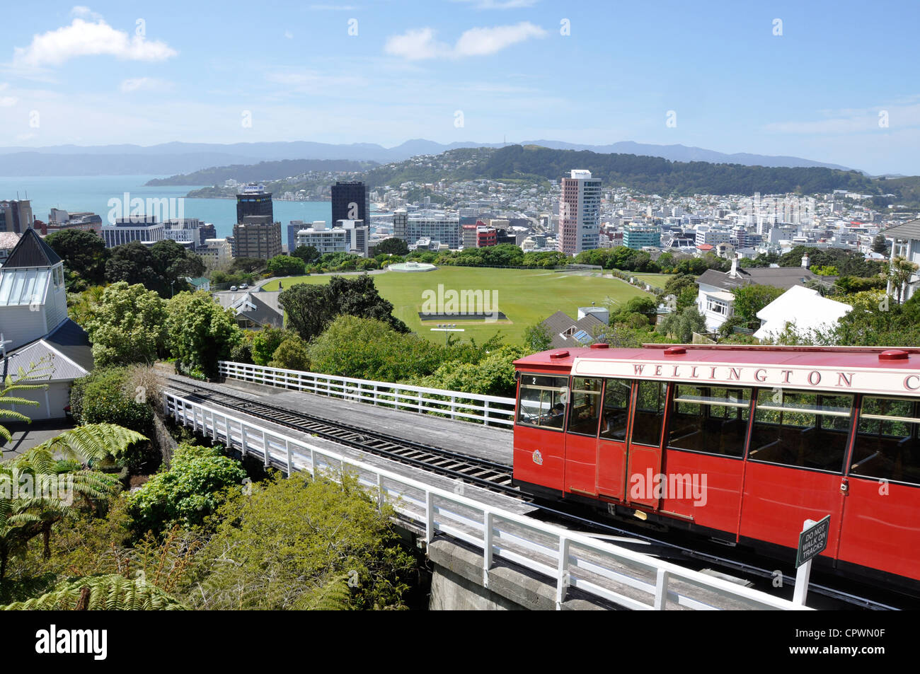 Wellington cable car and view of city, New Zealand Stock Photo