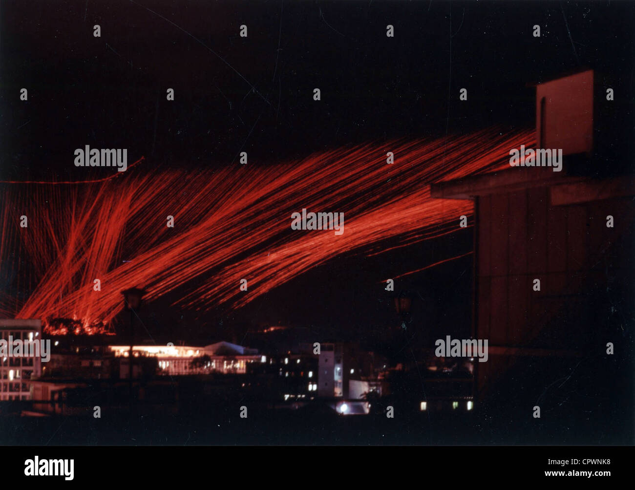 Night attack of a U.S. Air Force Douglas AC47D Spooky gunship over