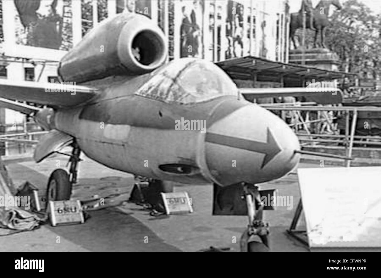 captured German Heinkel He 162A-2 on display in Trafalgar Square, London Stock Photo