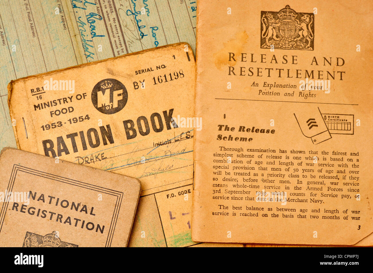 Post World War 2 ration book, identity cards and 'Release and Settlement' advice Stock Photo