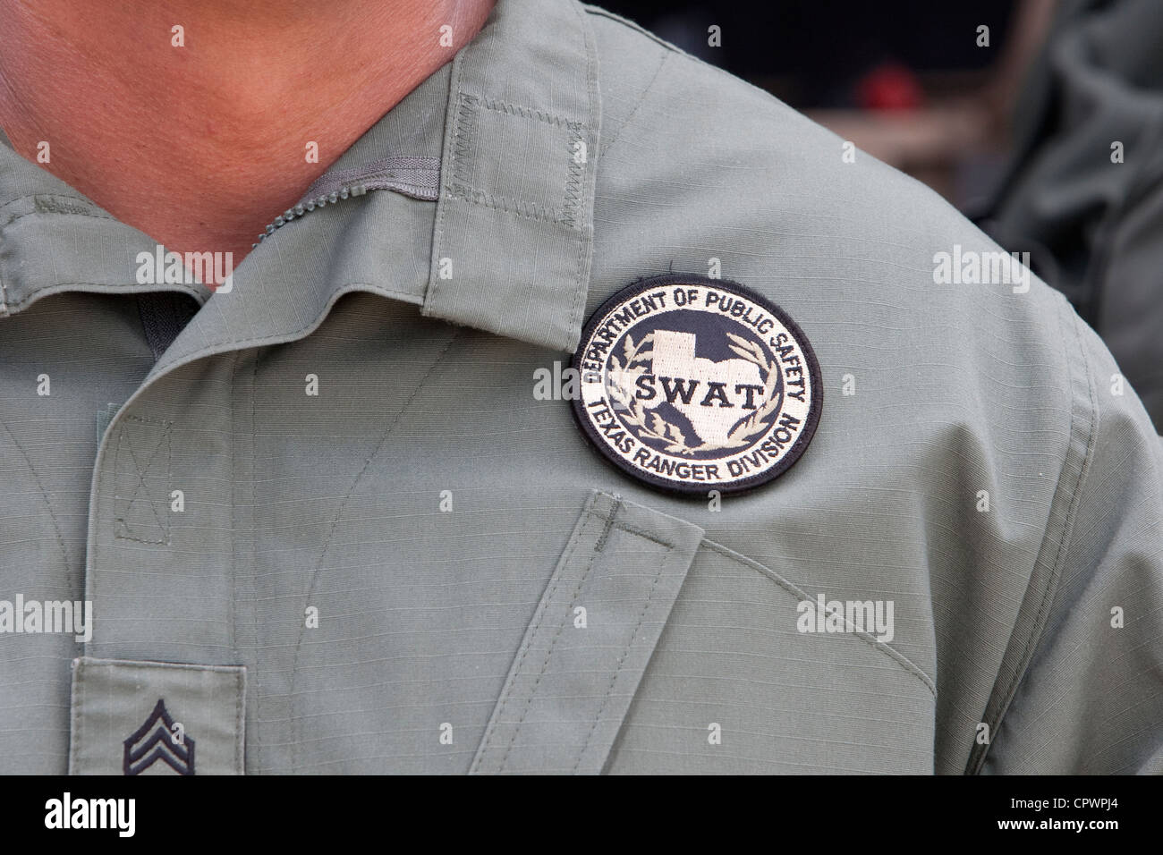 Close-up of uniform of member of  Texas SWAT team. Texas department of public safety Texas Ranger Division Stock Photo