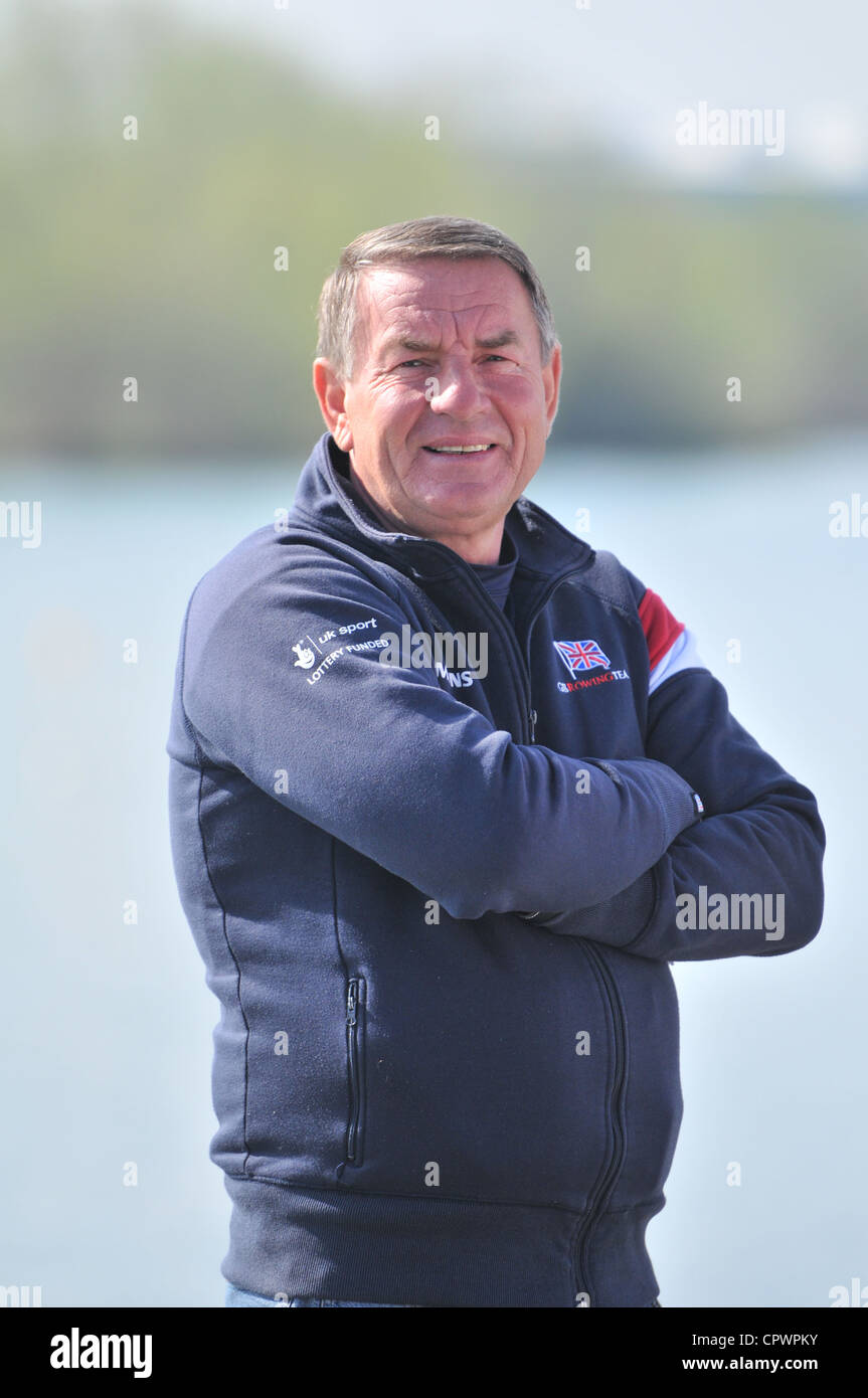 Jurgen Grobler OBE, the GB Rowing Coach at the Pinsent-Redgrave Rowing Lake, Reading. Stock Photo