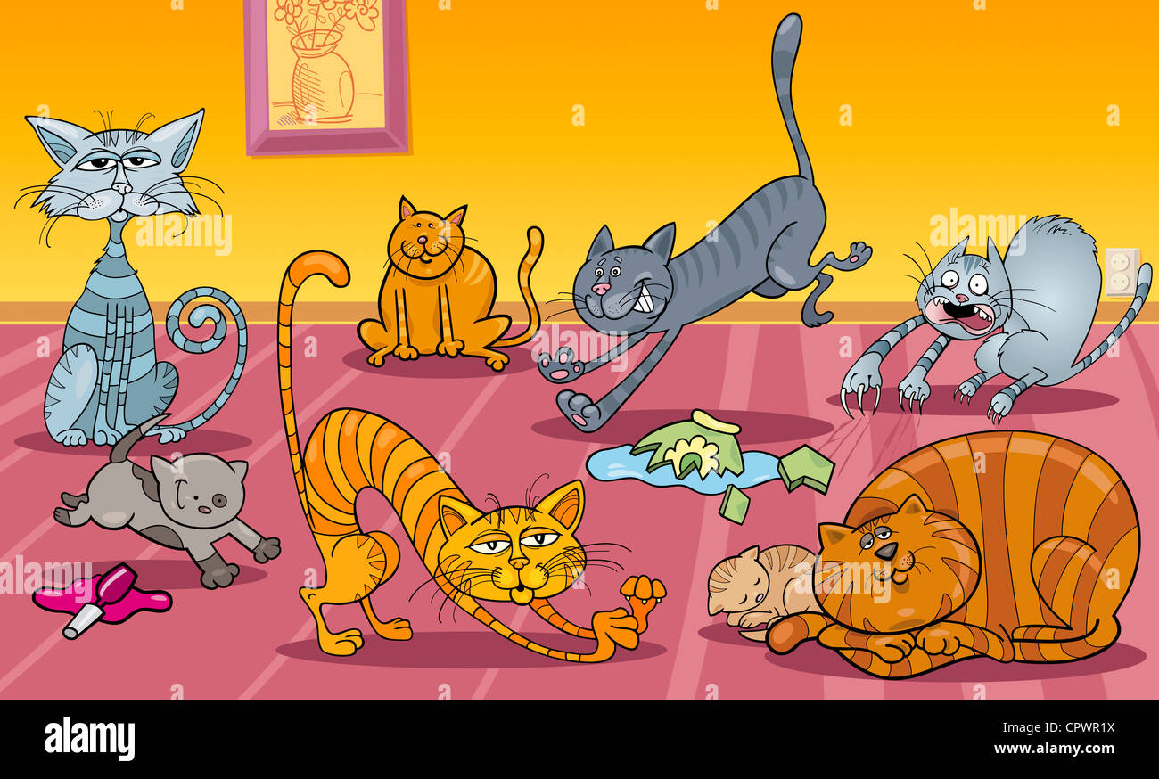 Cartoon Illustration of Many Naughty Cats at Home Stock Photo