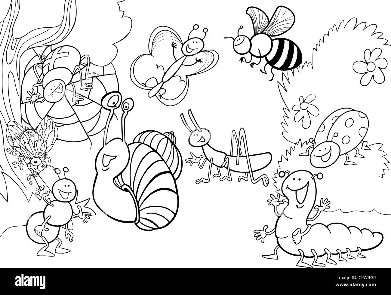 cartoon illustration of funny insects on the meadow for coloring book Stock Photo
