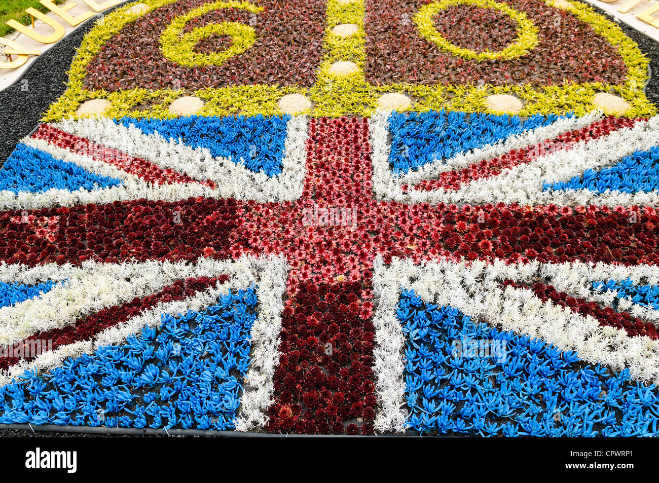 Union Jack flag made out of alpine plants to celebrate the Queen's Diamond Jubilee Stock Photo