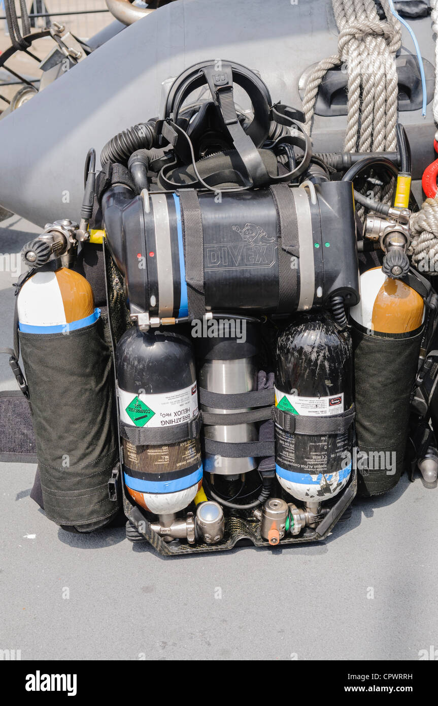 Nitrous Oxide diving scuba backpack as used by Royal Navy divers for clearing mines Stock Photo