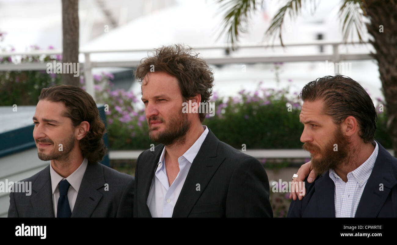 Actors Shia Labeouf, Jason Clarke, Tom Hardy,  at the Lawless film photocall at the 65th Cannes Film Festival. Stock Photo