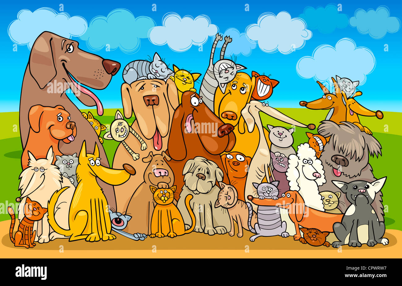 Illustration of group of Cats and Dogs against blue sky Stock Photo