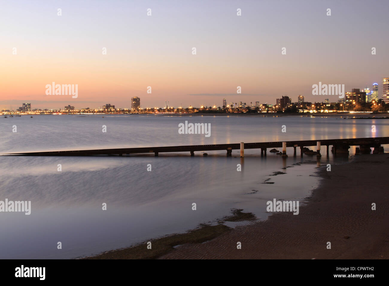 Dusk at St Kilda Harbour looking over Hobsons Bay, South Melbourne Victoria Australia Stock Photo