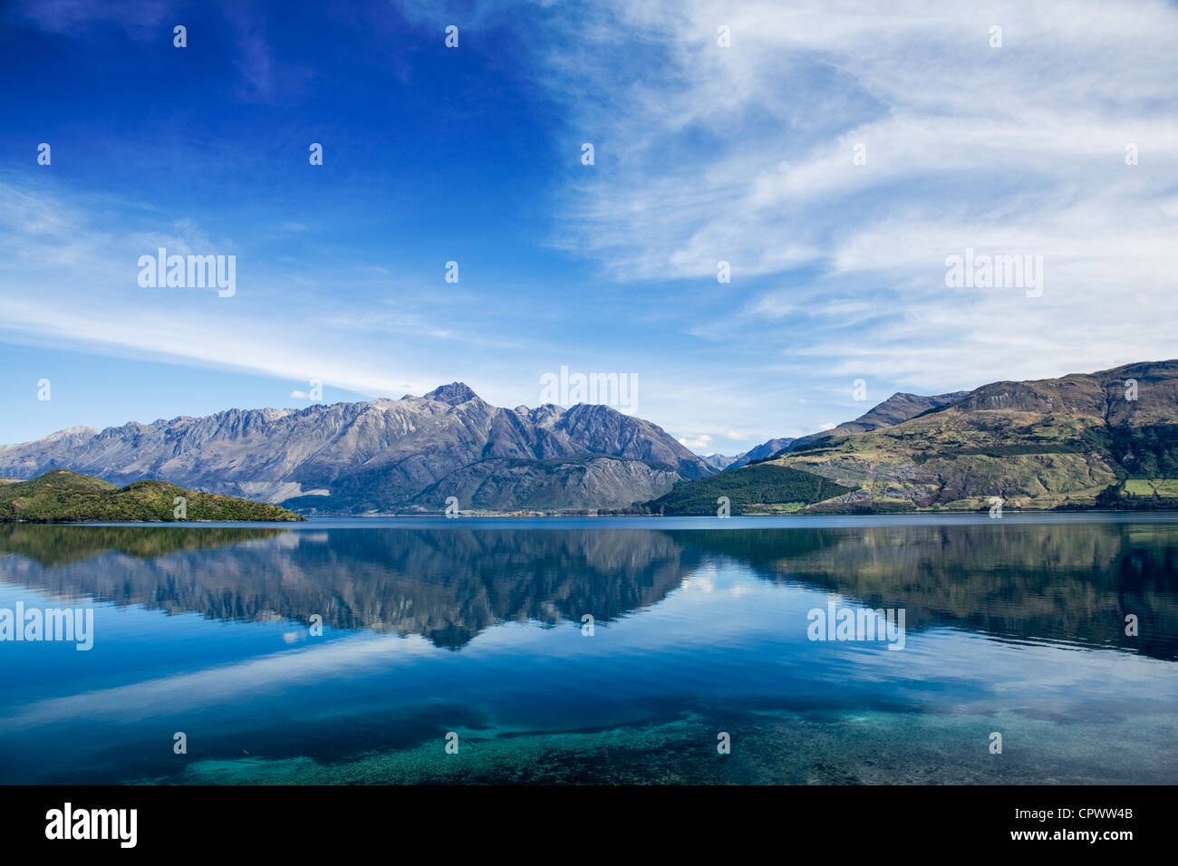 View of Lake Wakatipu, on the road from Queenstown to Glenorchy. Stock Photo