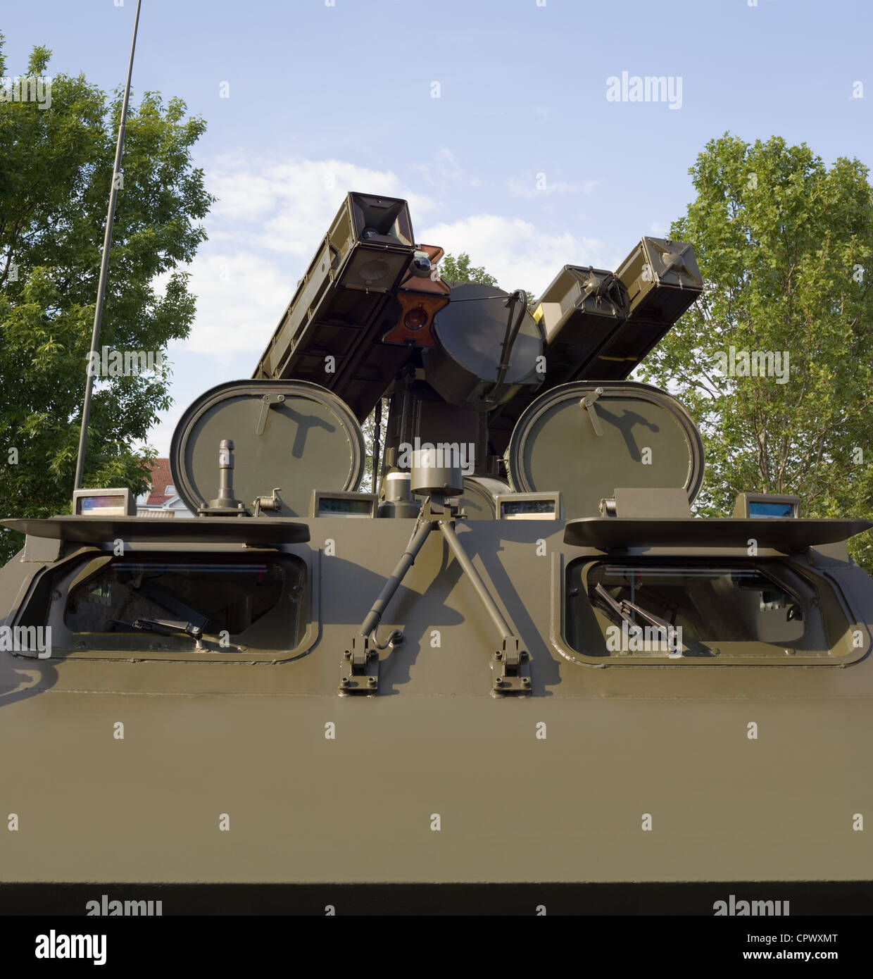 Four Anti Air Missile Turret Launcher on Armored Vehicle Stock Photo