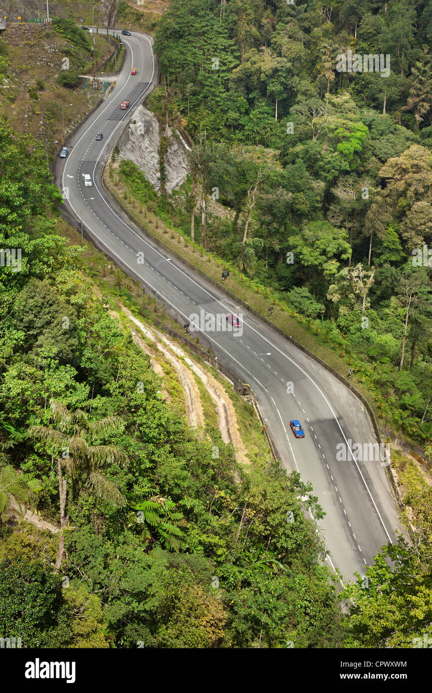 Aerial view of a hillside tropical road, Genting Highlands, Malaysia Stock Photo
