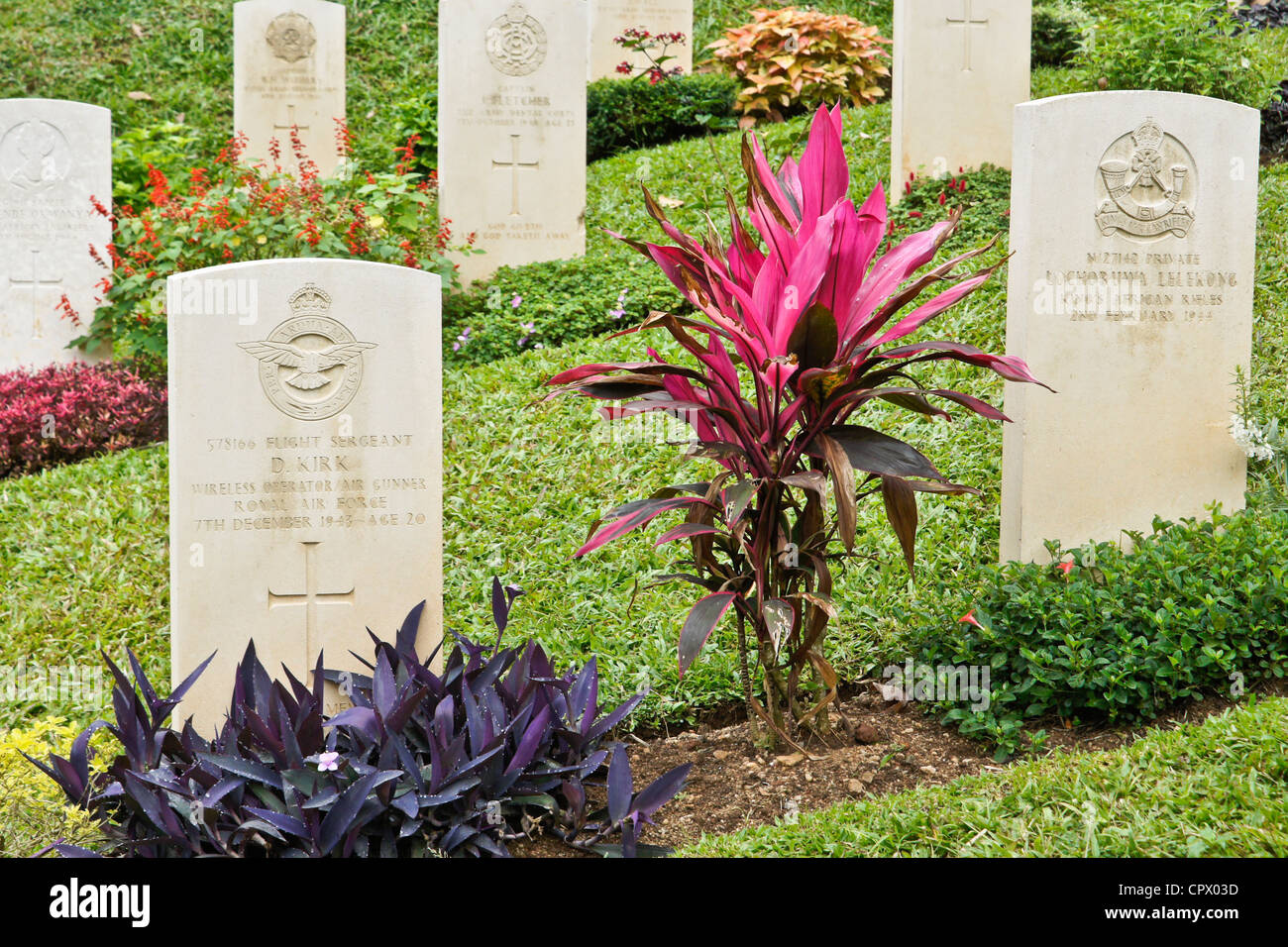 Grave markers at Kandy War Cemetery, Kandy, Sri Lanka Stock Photo