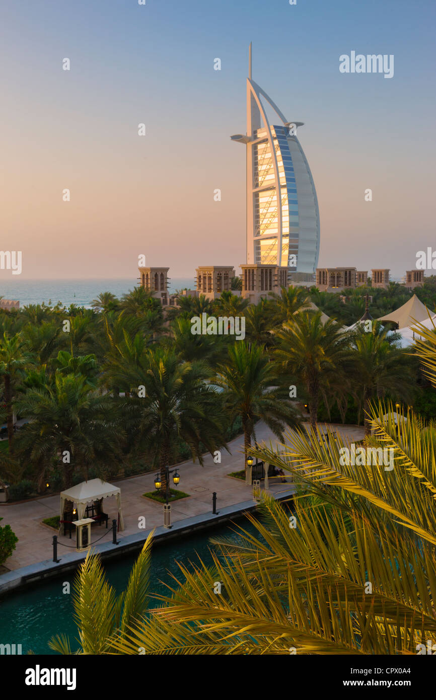 Burj Al Arab Hotel and traditional Wind Houses, Dubai, United Arab Emirates Stock Photo