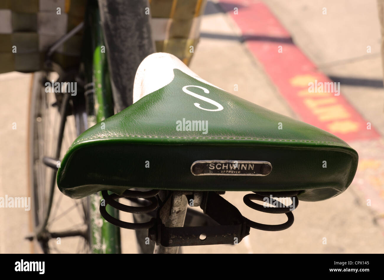 Green bicycle saddle Stock Photo