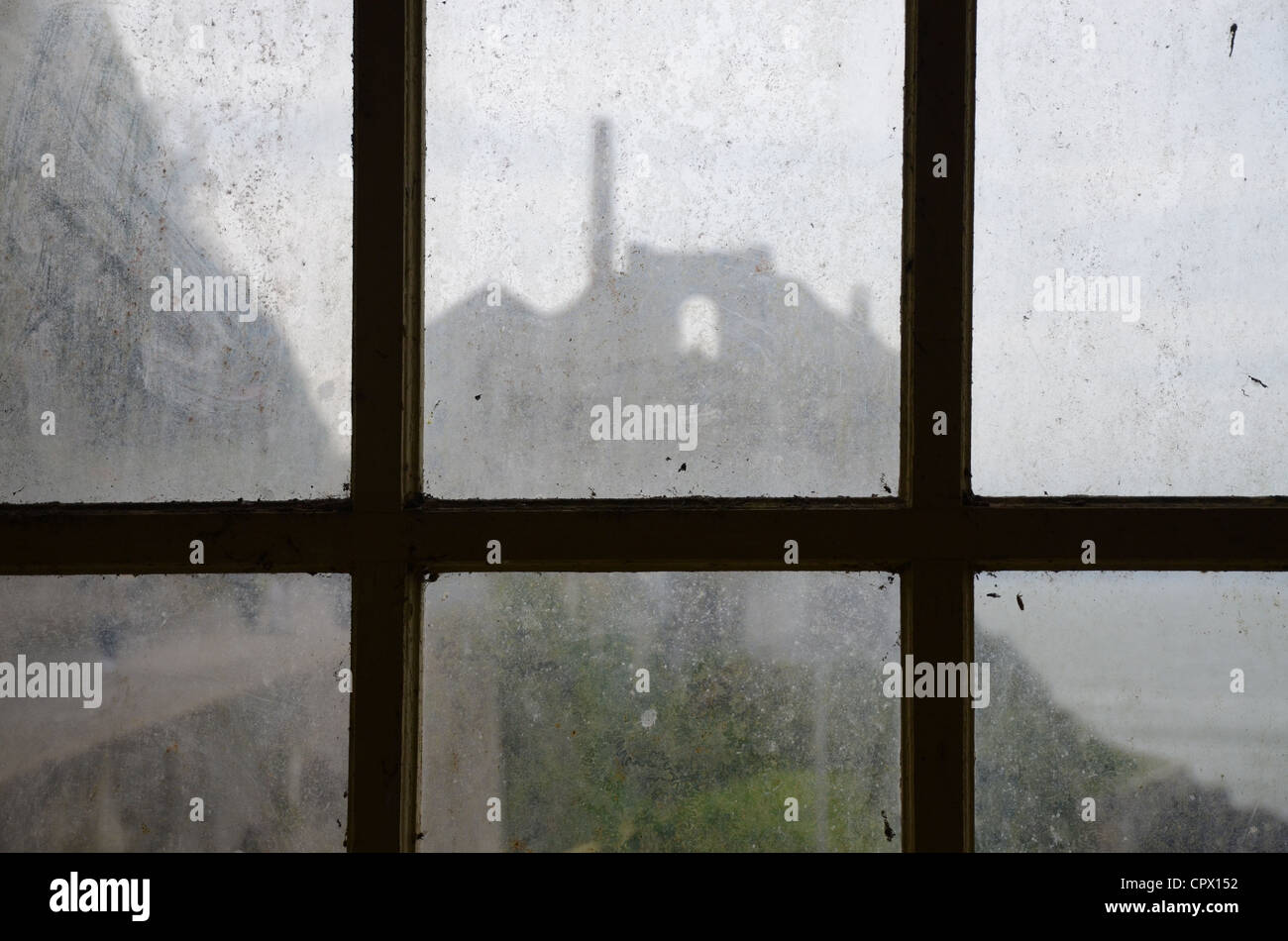 Alcatraz island, the officers' club, viewed from behind a dirty window Stock Photo